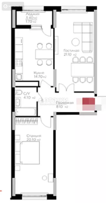2-комнатная квартира, этаж 16 из 18, 70 м²