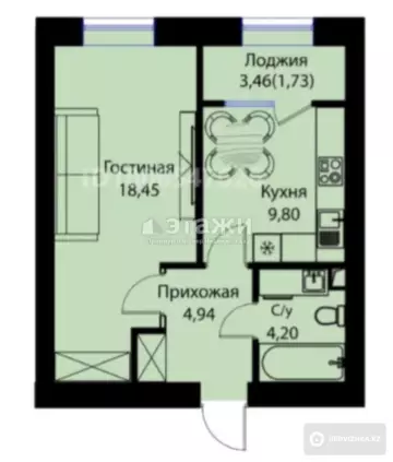 1-комнатная квартира, этаж 12 из 12, 40 м²