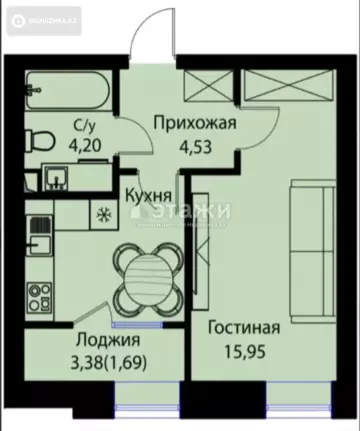 1-комнатная квартира, этаж 12 из 25, 35 м²