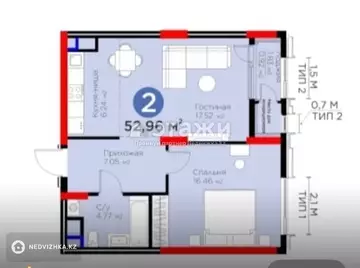 2-комнатная квартира, этаж 8 из 27, 53 м²