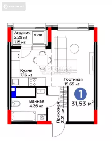 1-комнатная квартира, этаж 13 из 14, 32 м²