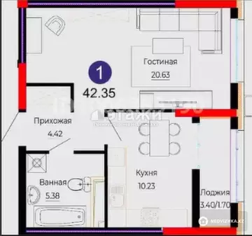 2-комнатная квартира, этаж 8 из 16, 42 м²
