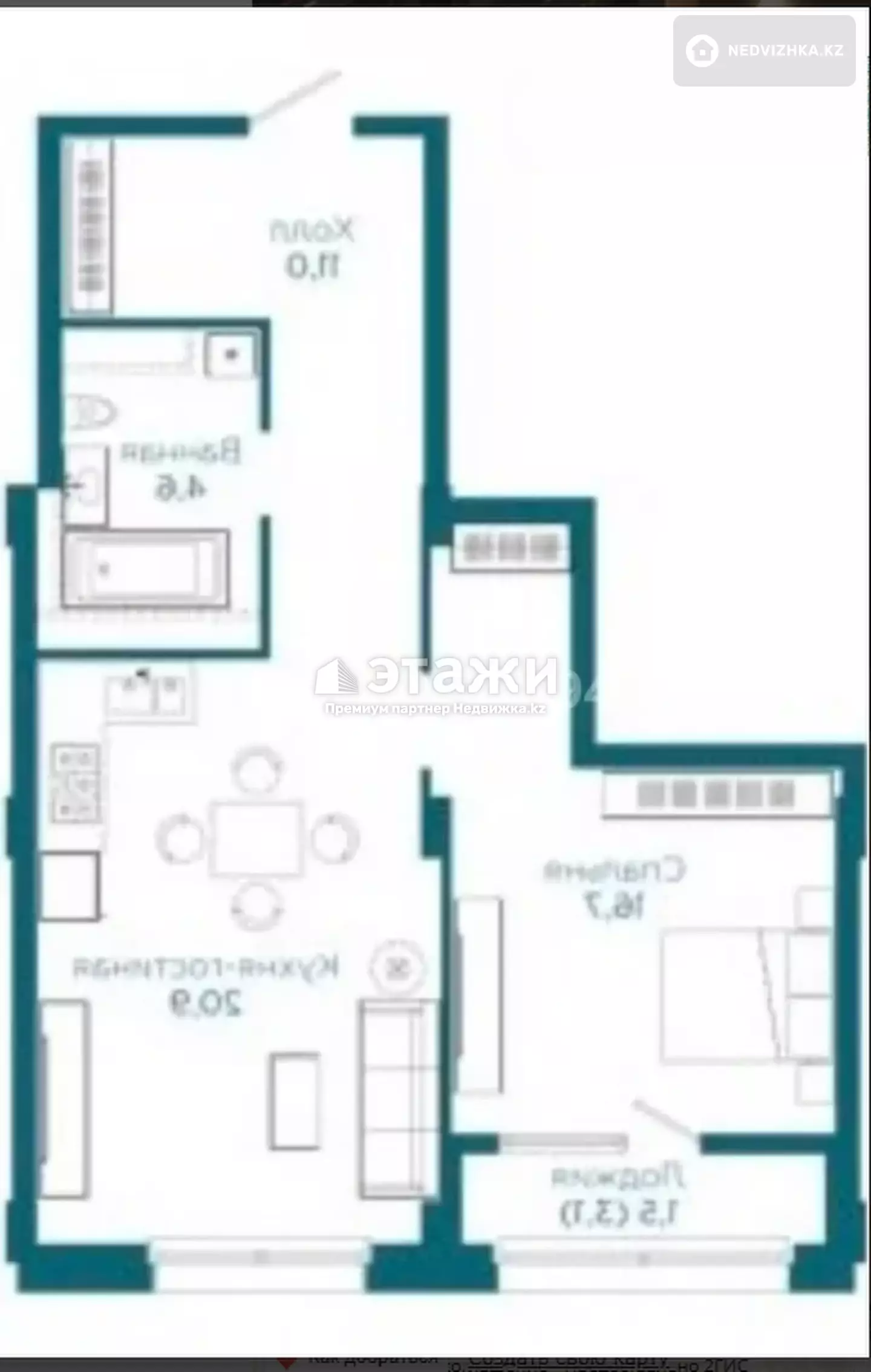 54.8 м², 1-комнатная квартира, этаж 10 из 10, 55 м², изображение - 1