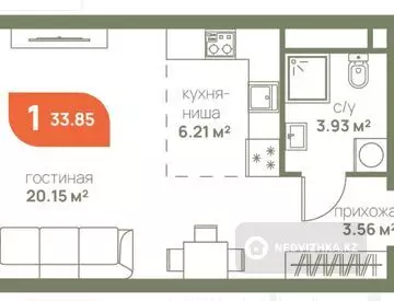1-комнатная квартира, этаж 11 из 12, 34 м²