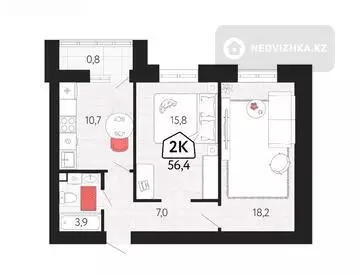 2-комнатная квартира, этаж 3 из 9, 56 м²
