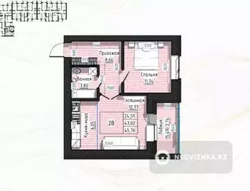 2-комнатная квартира, этаж 2 из 9, 46 м²