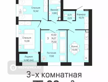 3-комнатная квартира, этаж 6 из 9, 75 м²