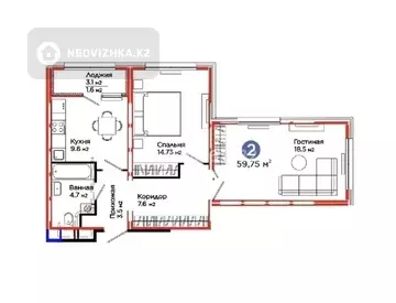 2-комнатная квартира, этаж 11 из 12, 60 м²