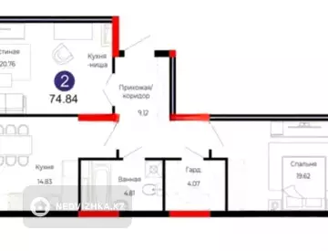 2-комнатная квартира, этаж 4 из 16, 75 м²