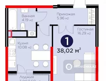 1-комнатная квартира, этаж 9 из 10, 38 м²
