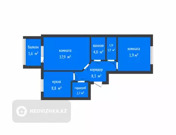 2-комнатная квартира, этаж 9 из 9, 58 м²