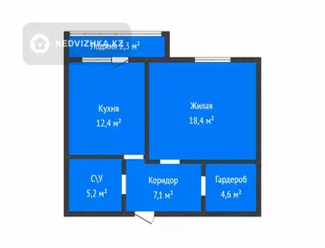 1-комнатная квартира, этаж 4 из 9, 50 м²