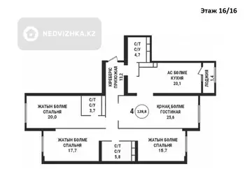 4-комнатная квартира, этаж 16 из 16, 129 м²