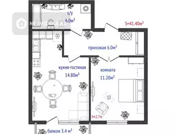 1-комнатная квартира, этаж 3 из 5, 41 м²