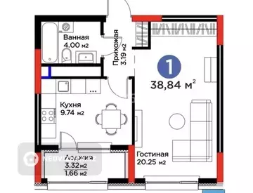 1-комнатная квартира, этаж 3 из 19, 39 м²