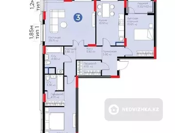 3-комнатная квартира, этаж 8 из 9, 101 м²