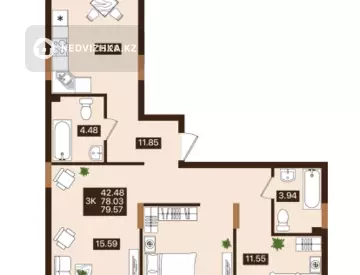 3-комнатная квартира, этаж 3 из 7, 79 м²