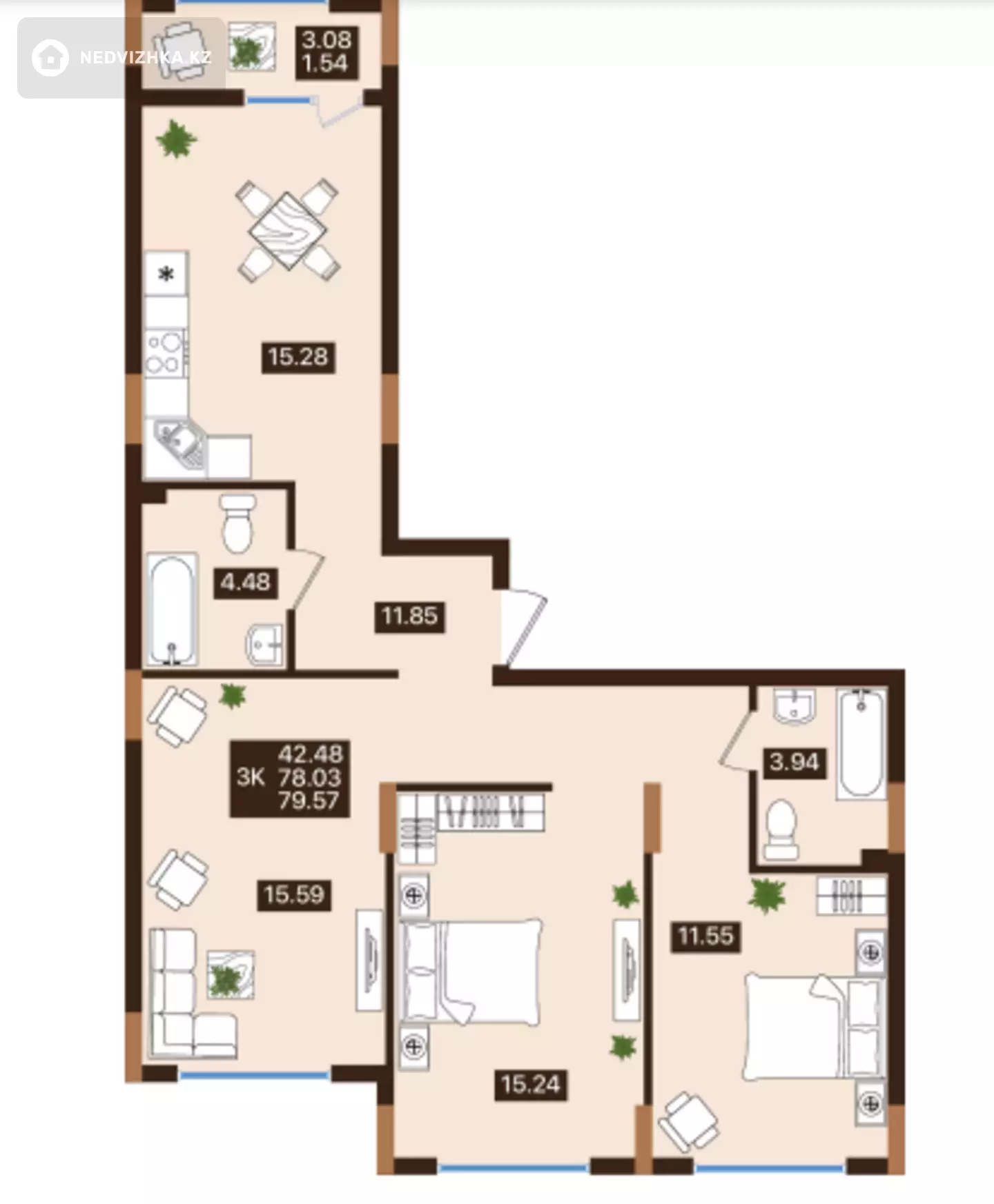 79 м², 3-комнатная квартира, этаж 3 из 7, 79 м², изображение - 1