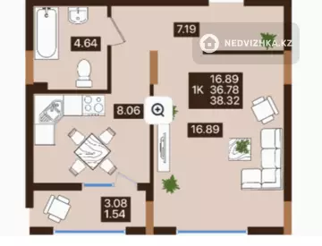 1-комнатная квартира, этаж 2 из 7, 38 м²