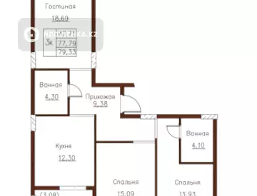 3-комнатная квартира, этаж 5 из 7, 79 м²