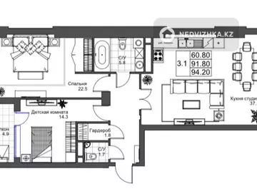 3-комнатная квартира, этаж 13 из 14, 105 м²