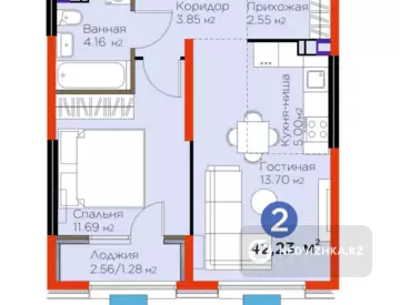 2-комнатная квартира, этаж 3 из 12, 44 м²