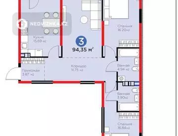 3-комнатная квартира, этаж 5 из 6, 94 м²