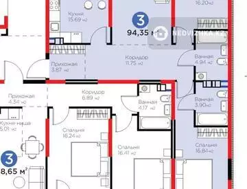 3-комнатная квартира, этаж 5 из 6, 94 м²