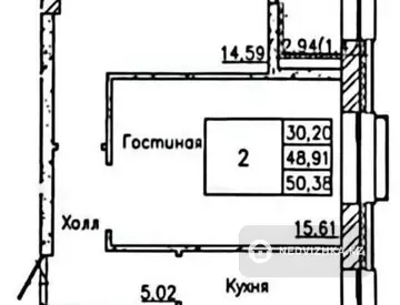 2-комнатная квартира, этаж 6 из 9, 50 м²