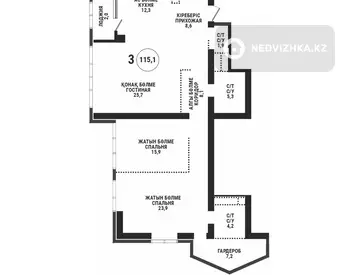 3-комнатная квартира, этаж 22 из 33, 115 м²