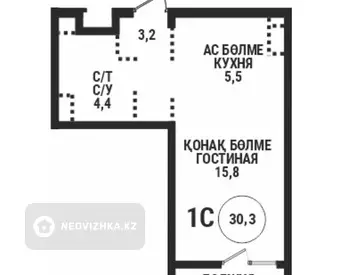1-комнатная квартира, этаж 5 из 15, 30 м²
