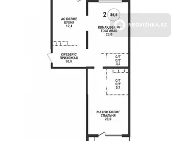 2-комнатная квартира, этаж 2 из 16, 87 м²