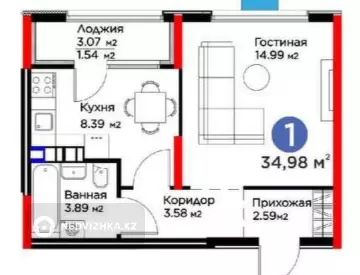 1-комнатная квартира, этаж 5 из 6, 35 м²