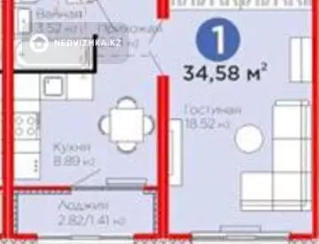 1-комнатная квартира, этаж 5 из 12, 35 м²