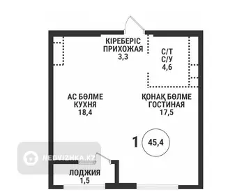 1-комнатная квартира, этаж 4 из 16, 45 м²