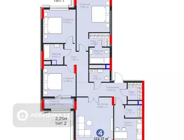 4-комнатная квартира, этаж 7 из 12, 122 м²