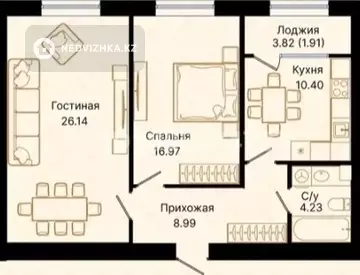 2-комнатная квартира, этаж 3 из 6, 67 м²