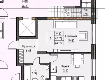 1-комнатная квартира, этаж 1 из 3, 45 м²