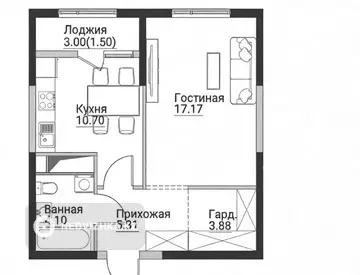 1-комнатная квартира, этаж 8 из 12, 43 м²