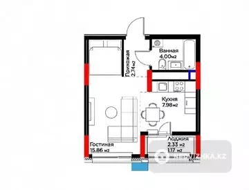 1-комнатная квартира, этаж 13, 32 м²