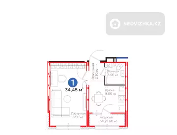 1-комнатная квартира, этаж 4 из 17, 34 м²