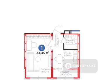1-комнатная квартира, этаж 9 из 9, 34 м²